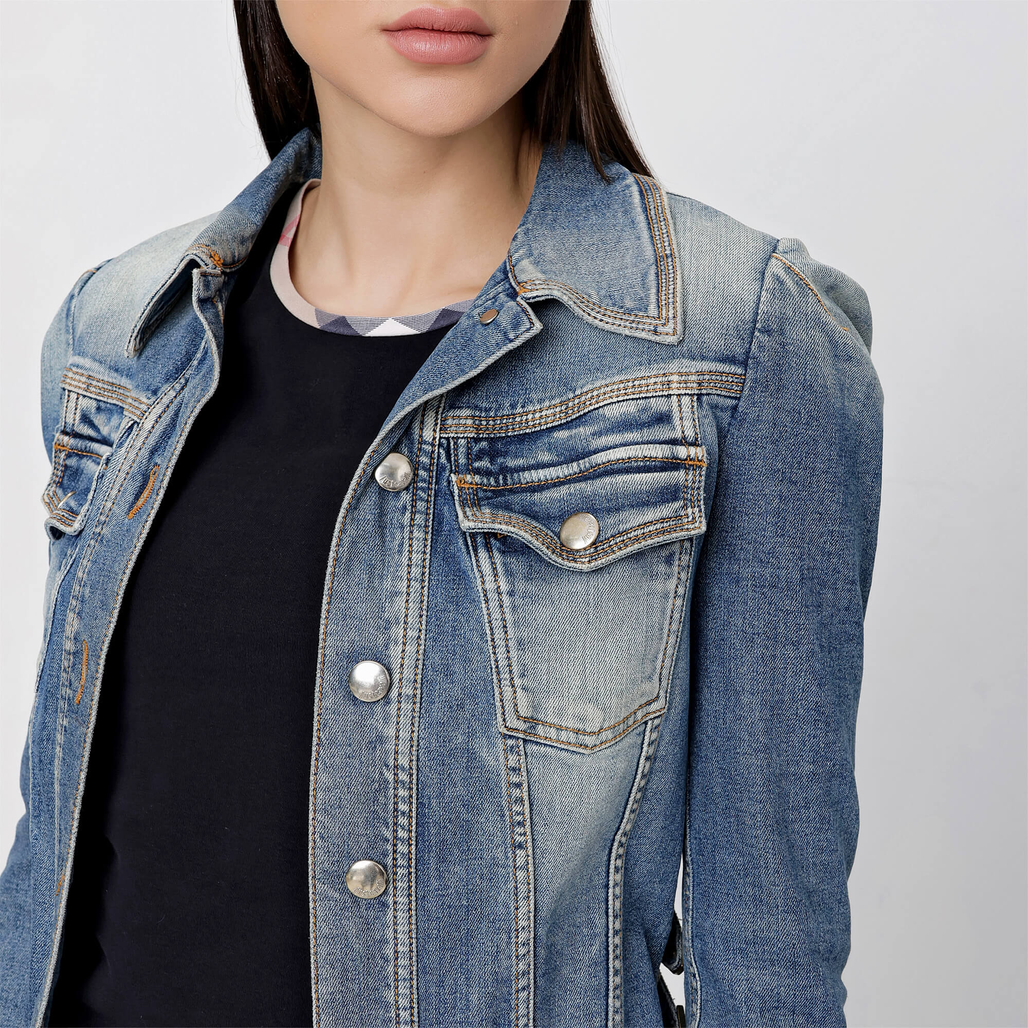 Just Cavalli - Blue Cotton Blend Buckle Details Denim Jacket